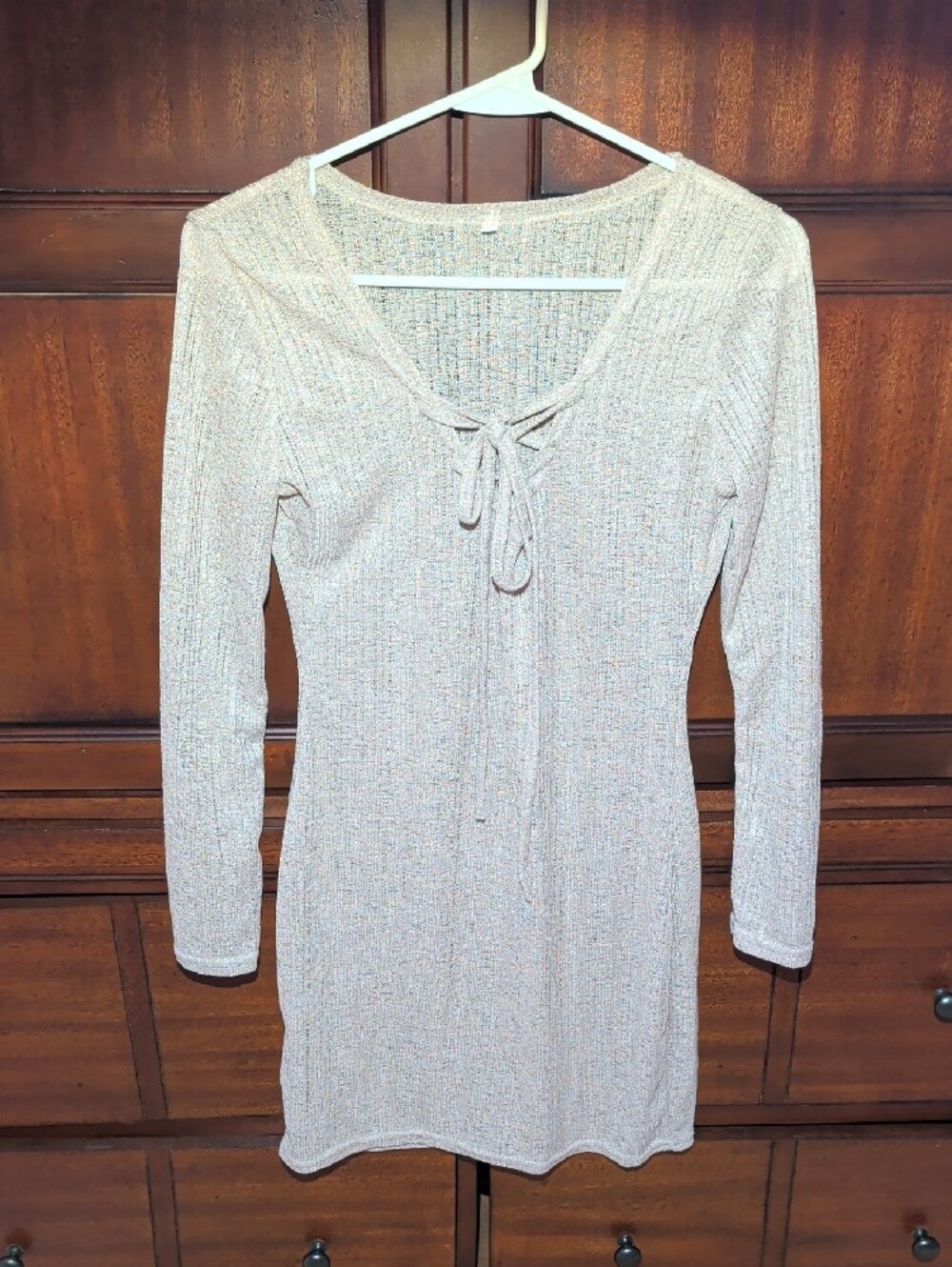 Women’s Cream Ribbed Knit Tie-Front Dress